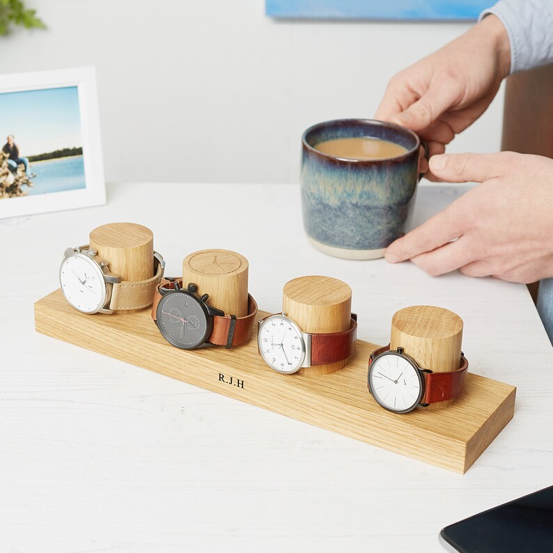 Watch Stand for Four Watches / Personalised Oak Watch Storage / Gift for Him / Watch Holder / Personalized Watch Display / Gift for Dads image 1