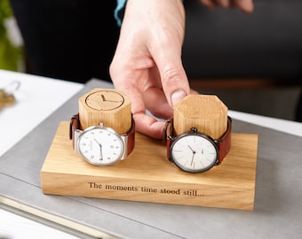 Personalized Double Hex Oak Watch Storage Stand / Personalised Wristwatch Holder / Watch Lover Display / Gift For Him / Groom Gifts