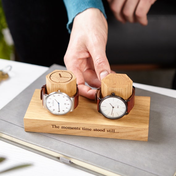Personalized Double Hex Oak Watch Storage Stand Personalised