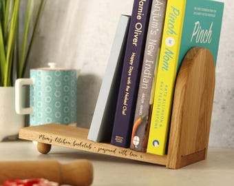 Personalised Solid Oak Bookend Shelf, Wooden Cookbook Stand, Book Lover Gift