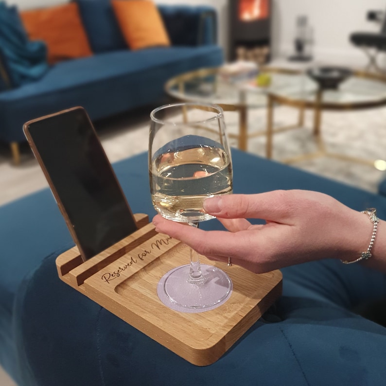 Engraved oak and leather sofa coaster tray with phone stand. Protect your sofa / couch from spills.