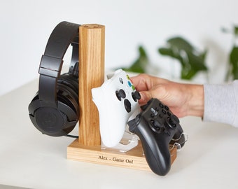 Personalised Solid Oak Double Gaming Controller & Headset Stand: Gamer Gift