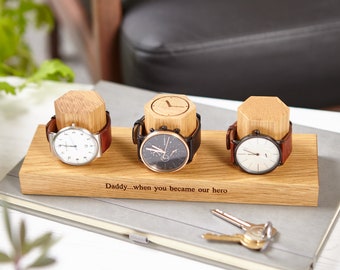 Personalized Three Hex Oak Watch Storage Stand / Personalised Watch Holder / Customised Engraved Watch Display / Gift For Him / Gift For Men