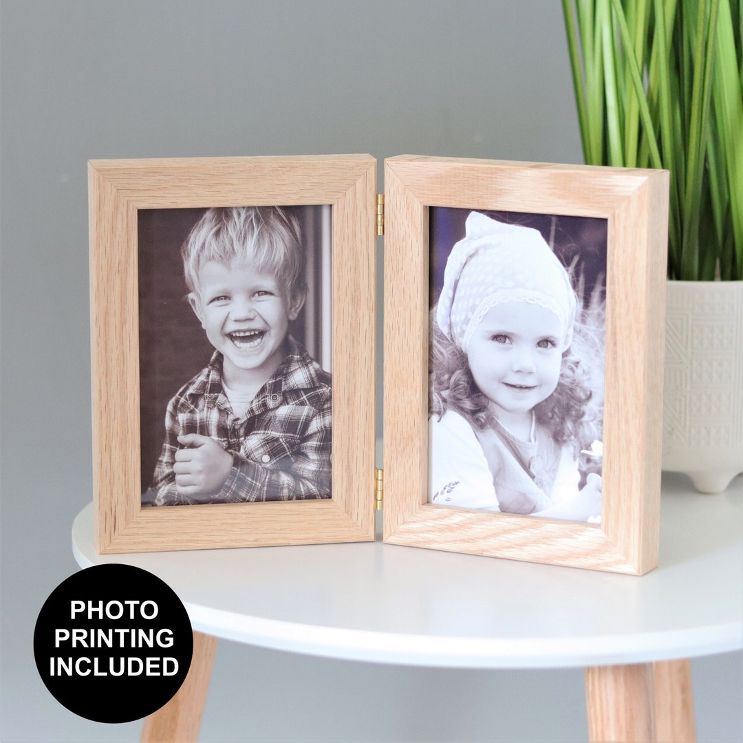 Solid Oak Hinged Double Picture Frame With Photo Prints / Two Aperture