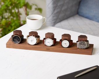 Personalized Five Hex Walnut Watch Storage Stand / Personalised Timepiece Storage / Customised Wristwach Display Holder / Custom Wood Gift