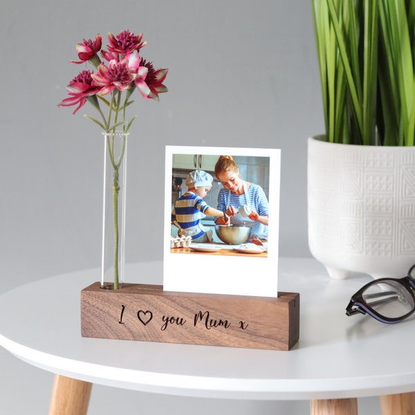 Personalisierte Walnuss Fotoblock mit Stiel Vase und Druck