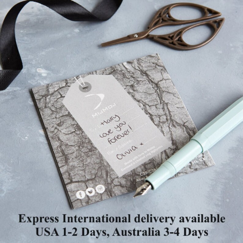 May include: A light blue fountain pen rests on a gray tag with the text "Harry love you forever!" and a signature. A pair of decorative scissors and a black ribbon are also in the image. The tag has a tree bark texture.