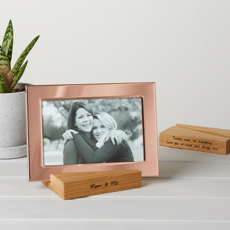 Copper Photo Frame With Personalised Oak Base Stand / 7th Wedding Anniversary Gift / Wedding Day Photo Frame / Mother's Day Gift for Her image 1