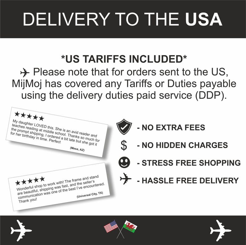 K&ouml;nnte beinhalten: Bild mit dem Text "DELIVERY TO THE USA" und "*US TARIFFS INCLUDED*". Enth&auml;lt Kundenbewertungen und Symbole f&uuml;r "NO EXTRA FEES", "NO HIDDEN CHARGES", "STRESS FREE SHOPPING" und "HASSLE FREE DELIVERY".