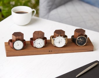 Personalized Four Hex Walnut Watch Storage Stand / Wristwatch Display / Timepiece Holder / Gift For Him