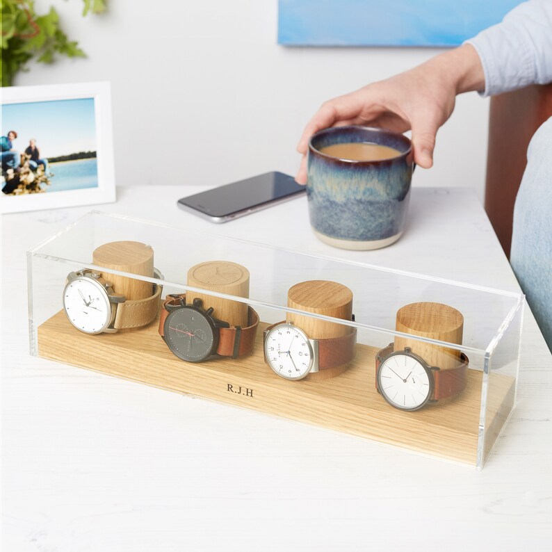 Watch Stand for Four Watches / Personalised Oak Watch Storage / Gift for Him / Watch Holder / Personalized Watch Display / Gift for Dads image 5