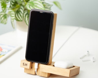 Support de chargement de téléphone personnalisé et plateau de stockage | Station de recharge Apple iPhone et AirPods | Cadeau pour elle | Cadeau pour lui | Cadeaux maman