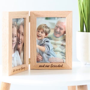Solid oak hinged double photo frame with engraved message available with photo printing service. Ideal gift for grandparents or family to capture those special family moments together.