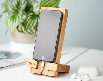 Personalised Solid Oak Phone Charging Stand: Engraved Cellphone Holder