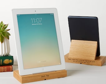 Personalised Oak Tablet, iPad Stand, Tech Gifts, Gifts for Dad, Father's Day Gift, Personalized Dad Gifts, Tablet Stand Docking Station