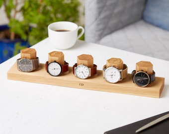 Personalized Five Hex Oak Watch Storage Stand / Personalised Wristwatch Storage / Timepiece Holder Display / Gift for Him / Gift For Dads