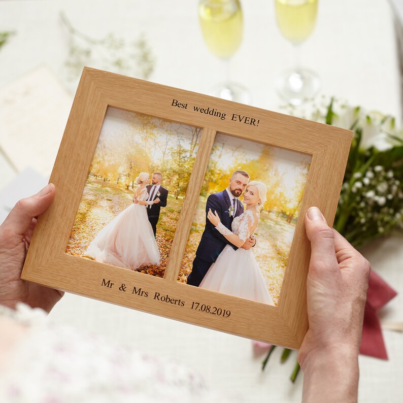 Solid oak double photo picture frame, engraved with a message of your choice. A perfect wedding gift or anniversary gift. Photos can be placed in portrait or landscape orientation