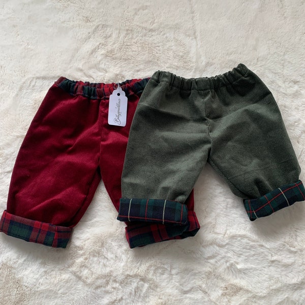 Baby cord trousers, baby cord and tartan pants, toddler cord trousers, toddler cord pants, baby tartan pants, baby tartan trousers