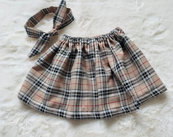 Baby Caramel Tartan Skirt with Matching Head Scarf