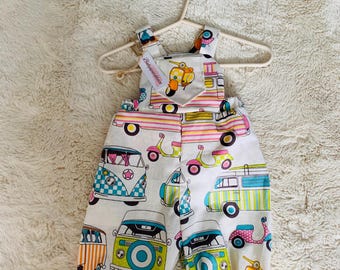 unisex baby dungarees, baby camper van dungarees, baby overalls, vintage baby, retro baby outfit, baby summer outfit, baby surfer outfit
