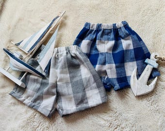 Unisex Baby Linen Shorts: Checked Toddler Summer Beachwear