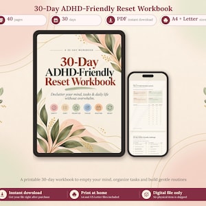 ADHD Planner Printable, 30 Day Reset Workbook, Brain Dump & Task Organizer, Routine Tracker, Daily Focus Planner PDF, A4 US Letter