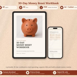 Budget Planner Printable, 30 Day Money Reset Workbook, Spending Tracker, Bill Organizer, Debt & Savings Tracker PDF, A4 US Letter
