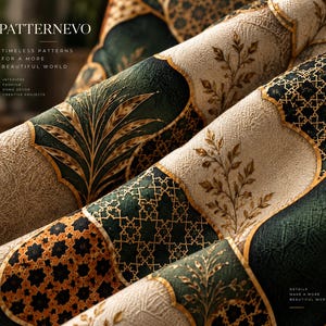 Peut inclure: Un rouleau de tissu avec un motif répétitif de sections vert foncé, crème et dorées. Le design inclut des motifs botaniques de feuilles, des formes d'étoiles géométriques et un treillis complexe. Le texte indique PATTERNEVO, TIMELESS PATTERNS FOR A MORE BEAUTIFUL WORLD, INTERIORS, FASHION, HOME DECOR, CREATIVE PROJECTS, et DETAILS MAKE A MORE BEAUTIFUL WORLD.