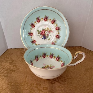 Victoria C & E Blue and Floral teacup and saucer