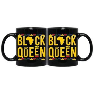 May include: Two black ceramic mugs with a black and yellow design. The mugs feature the text "Black Queen" with a crown and an outline of the continent of Africa. The mugs are perfect for coffee, tea, or hot chocolate.