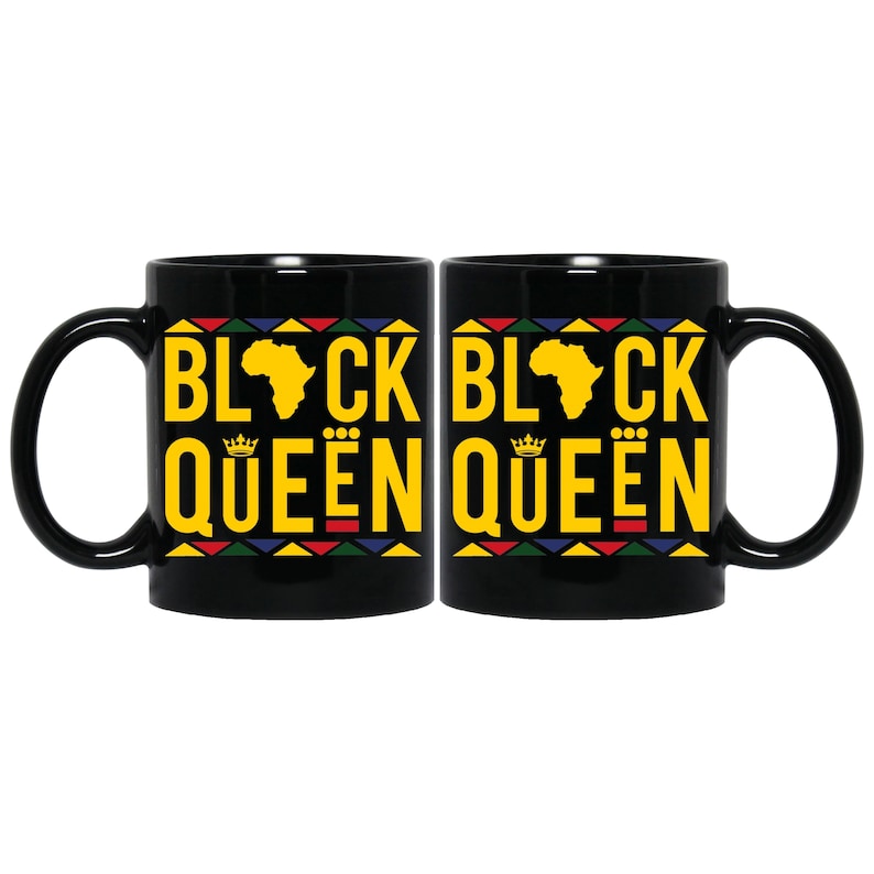 May include: Two black ceramic mugs with a black and yellow design. The mugs feature the text "Black Queen" with a crown and an outline of the continent of Africa. The mugs are perfect for coffee, tea, or hot chocolate.