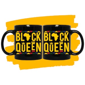 May include: Two black ceramic mugs with a black and yellow design. The mugs feature the text "Black Queen" with a crown and an outline of the African continent.