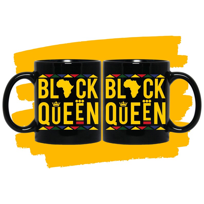 May include: Two black ceramic mugs with a black and yellow design. The mugs feature the text "Black Queen" with a crown and an outline of the African continent.