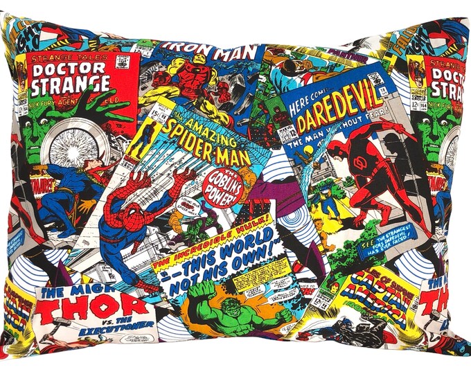 Comic Book Avenger Superhero Pillowcover! Thor, Spider-Man, Daredevil, Dr. Strange, Captain America.  12” by 16” Travel Size.