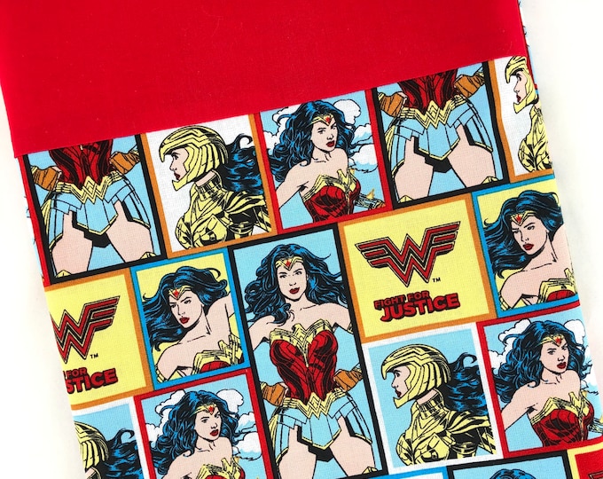 Wonder woman in Red!!  Queen/Standard pillowcase!! This fun pillowcase will decorate your bedroom!