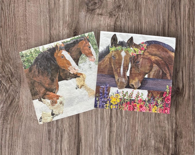 Horse napkins with colorful Floral necklaces! Napkins can be used for Decoupage and Paper Crafting.