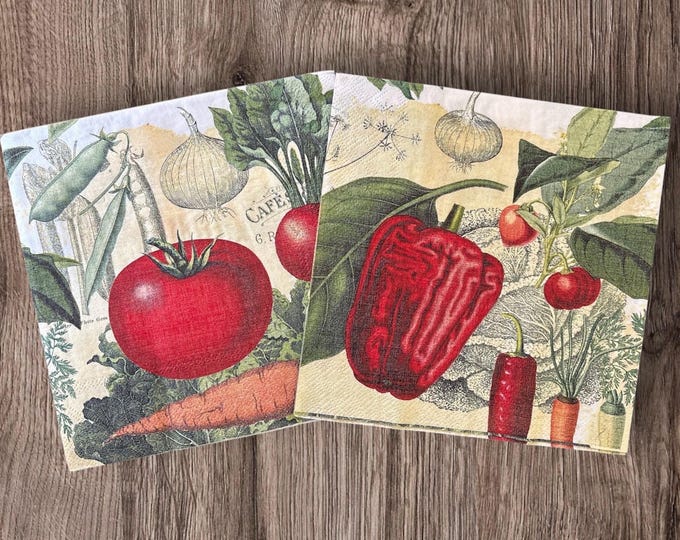 Vegetable Garden Delight! These charming paper craft napkins are suitable for Decoupage, Scrapbooking and Paper Crafting. Free Shipping.