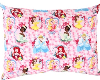 Beautiful Disney Princesses Pillowcase. Tiana, Aurora, Ariel, Belle and Cinderella! Travel size 12” by 16” Pillowcase!