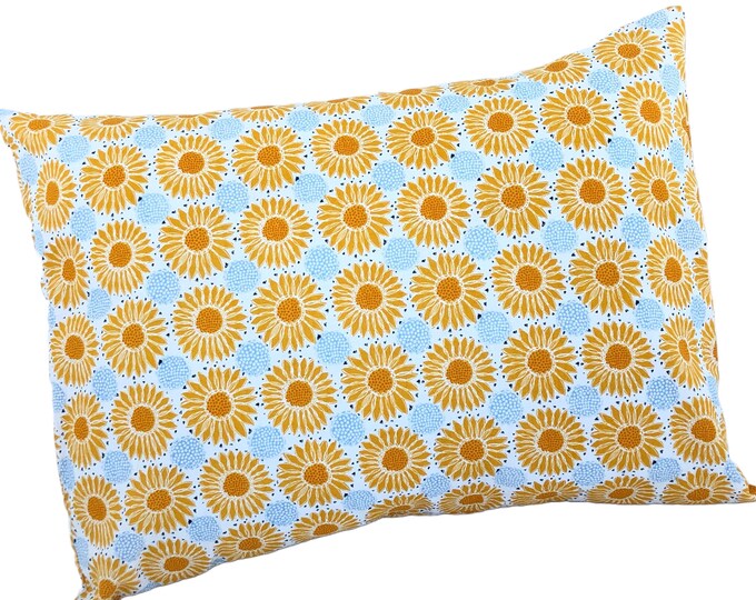 Sunflowers, Yellow/Orange with Baby Blue accents.  Spring has Sprung!  Childhood Cancer Donation w/ purchase!