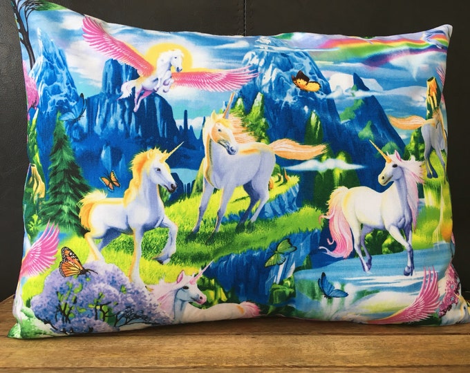 Rainbow Unicorns/ Travel Pillow/Throw/Toddler/Pillowcasesforcancer/Childhood Cancer Donation with each purchase!