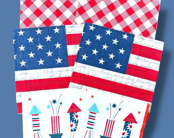 American Napkin, Red, White and Blue, Set of 6. Use for Decoupage or paper Craft.