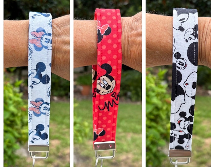 Disney Mickey and Minnie Mouse Keyfob Wristlet, handcrafted! With or Without Ear Holder Snap.