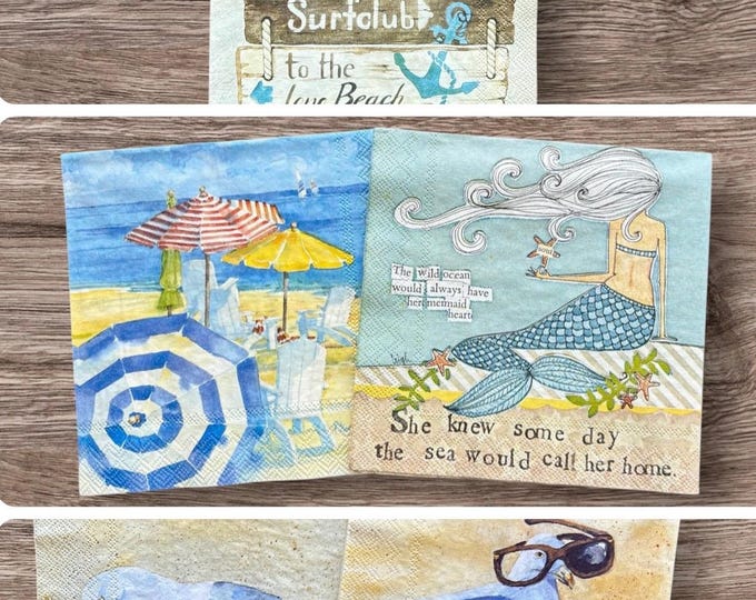 Nautical-themed napkins for crafting - turtles, mermaids, boats, and driftwood, unlocking creativity and inspiration with every design.