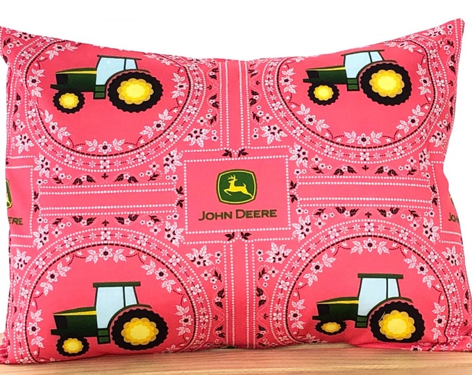 John Deere Bandana Pillowcase!! Pink John Deere theme decor.  Childhood Cancer Donation with each purchase! Travel/Throw sized.