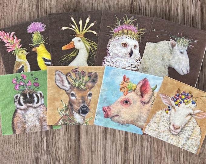 The “Fancy Hat” Woodland Animal Friends.  Decopauge and Paper Crafting;  Napkin Bundle!