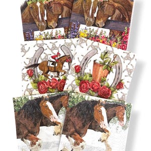 May include: A collection of six square paper napkins featuring horse-themed illustrations. Designs include brown horses with floral crowns, a jockey riding a horse through a horseshoe, a copper bucket with roses, and brown horses running in snow.