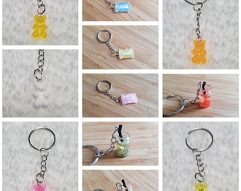 Gummy bear, candy bag, and fruit cocktail keychains