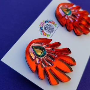flower earrings, studs, plastic jewellery, comfortable earrings, bold jewellery, perspex, folklore, red jewellery, purple earrings