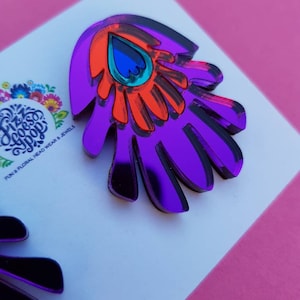 flower earrings, studs, plastic jewellery, comfortable earrings, bold jewellery, perspex, folklore, red jewellery, purple earrings