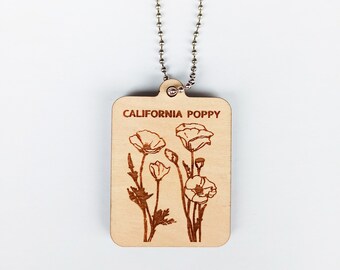 California Poppy keychain Engraved keychain Floral keychain Wood Key Chain Cute gift for her Flower design Line art Gift for him Key arts